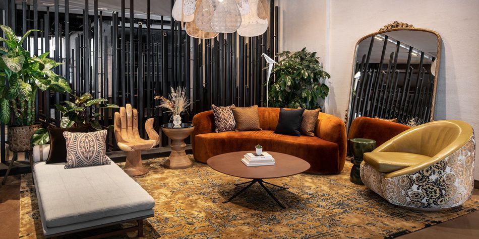 Yours Truly lobby lounge with colorful seating and eclectic furniture