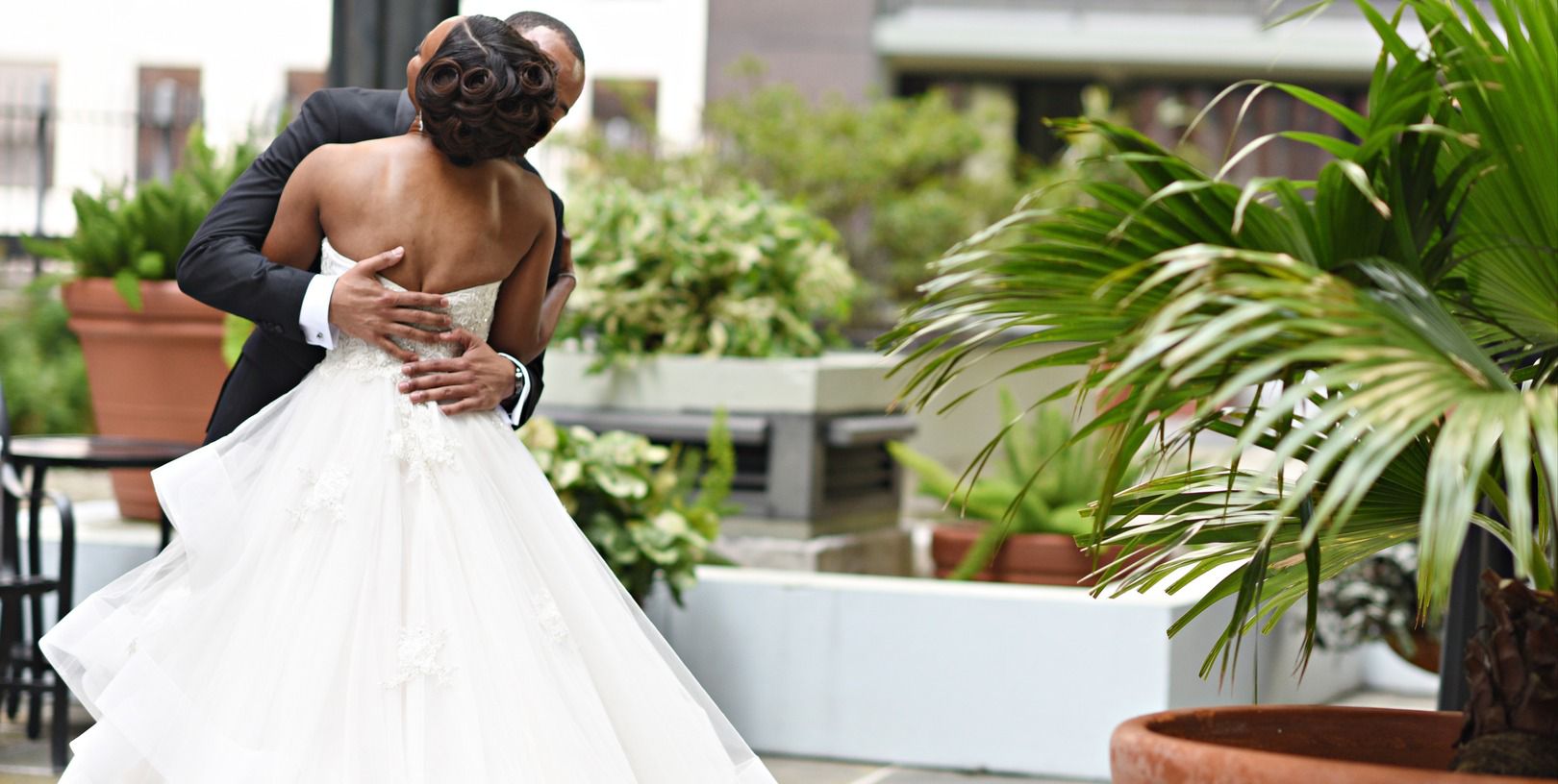 Bride and groom embracing