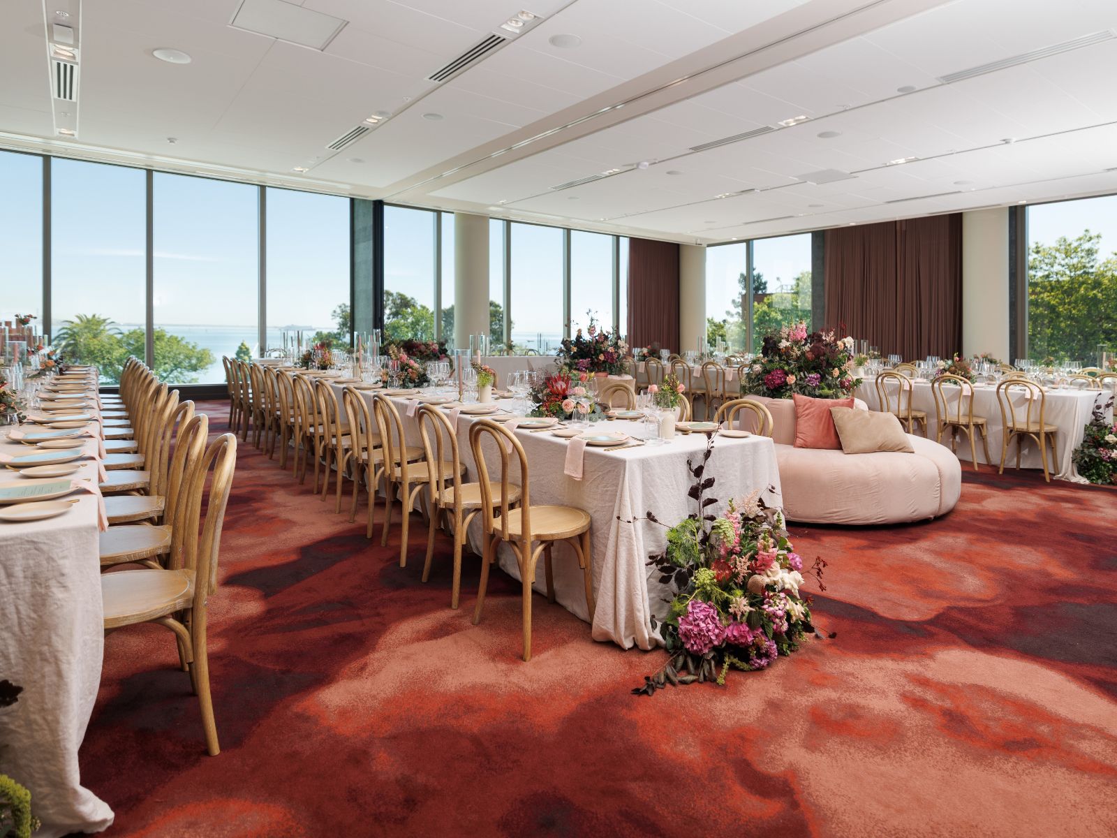 Wedding couple enjoying a beautifully decorated reception.