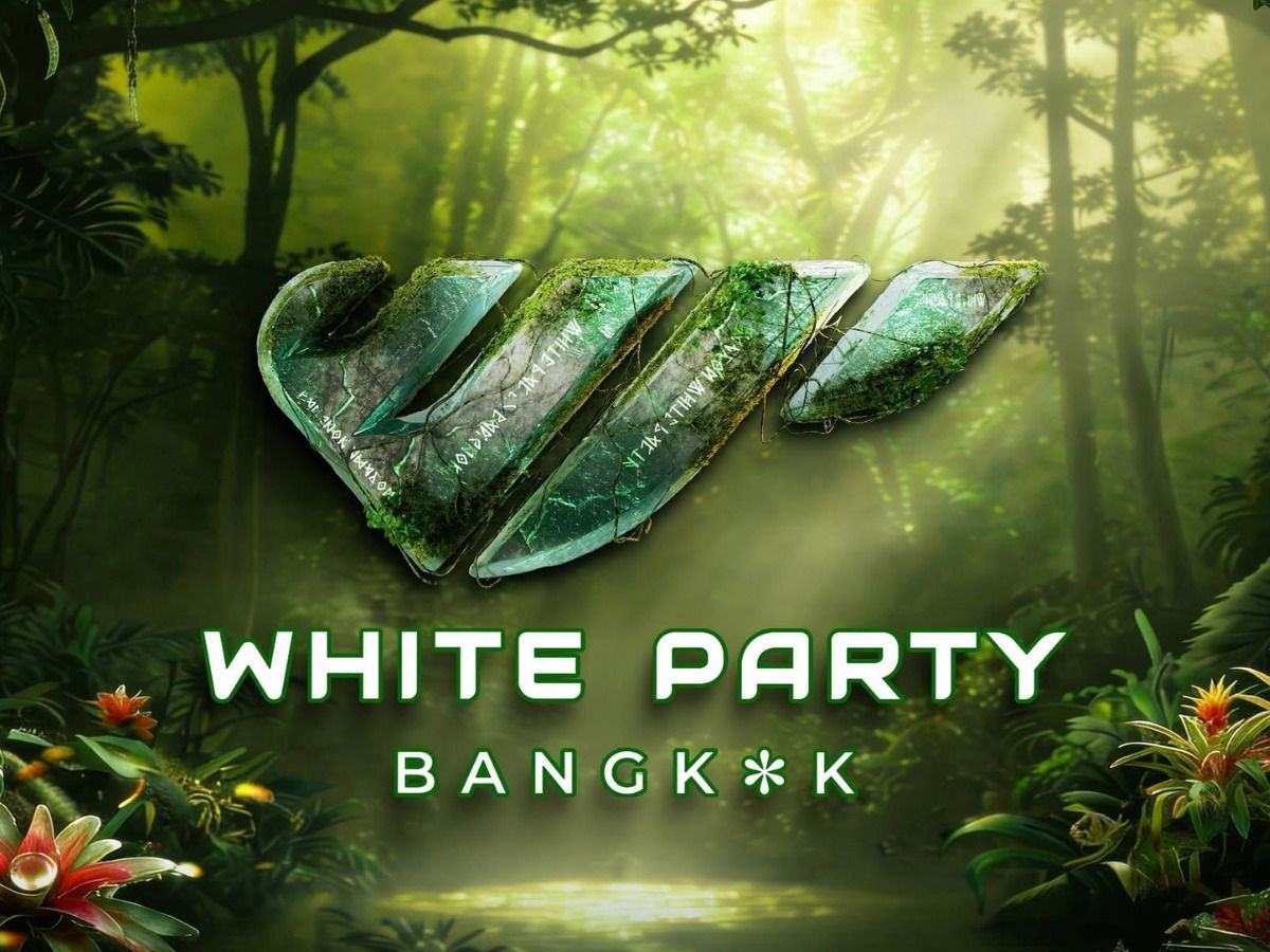 White Party Bangkok event poster with lush greenery