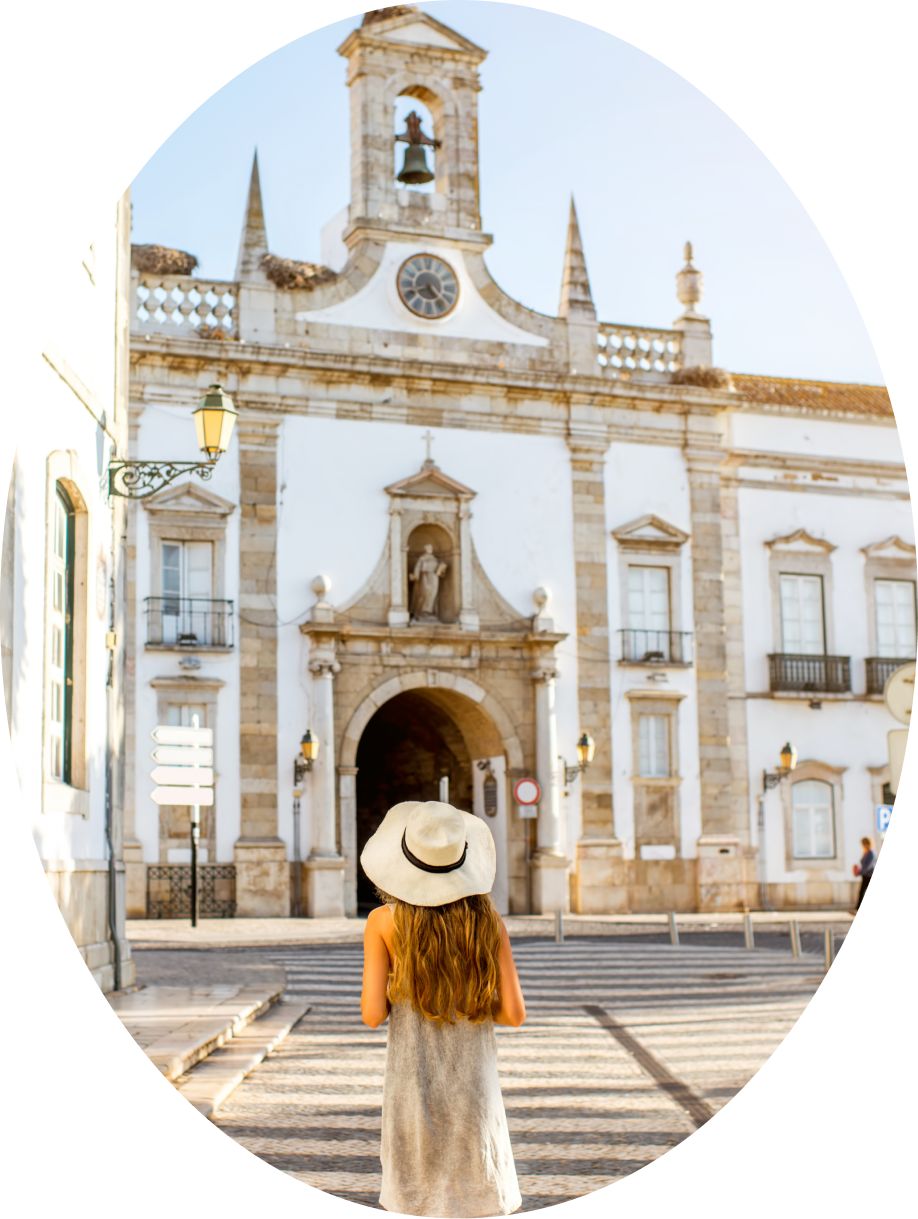 Woman looking at building 