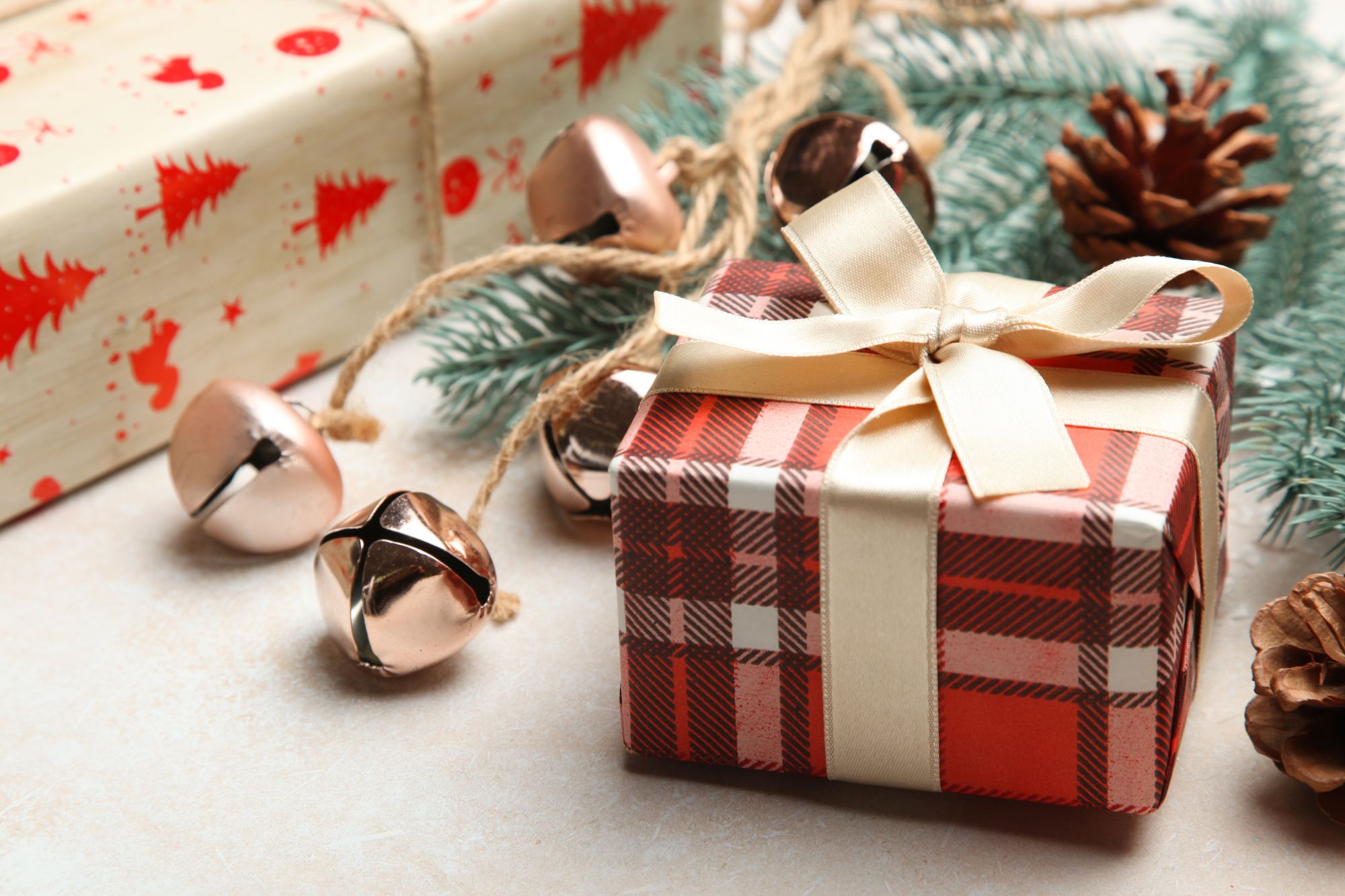 Holiday gift wrapped in red plaid paper with a cream ribbon, surrounded by silver bells, evergreen branches, pinecones, and wrapped presents.