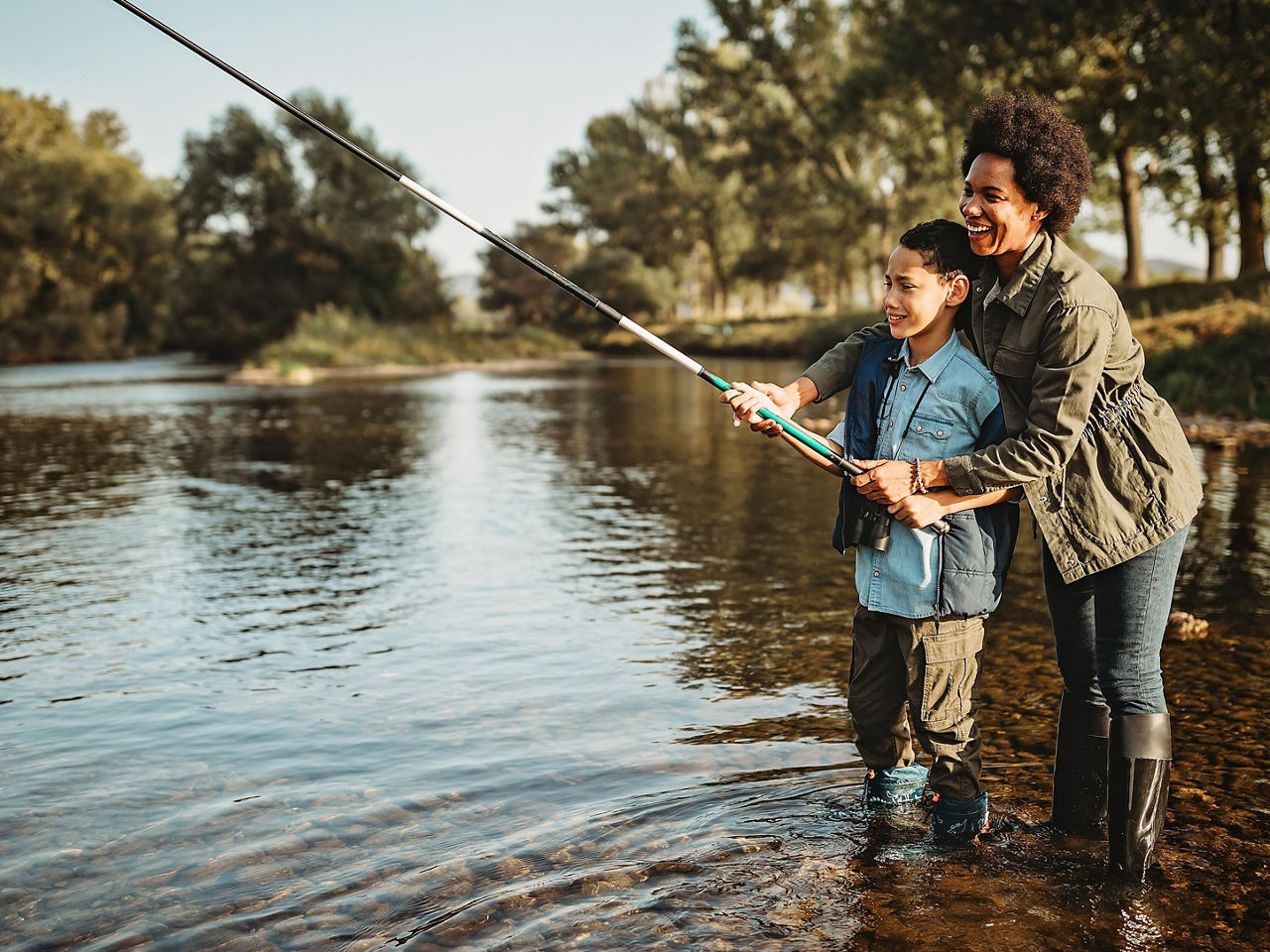 Family fishing in river